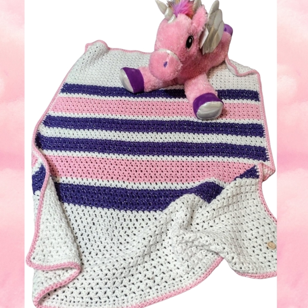 Handmade crochet baby blanket & Unicorn stuffed plush / Size 34" x 42" throw